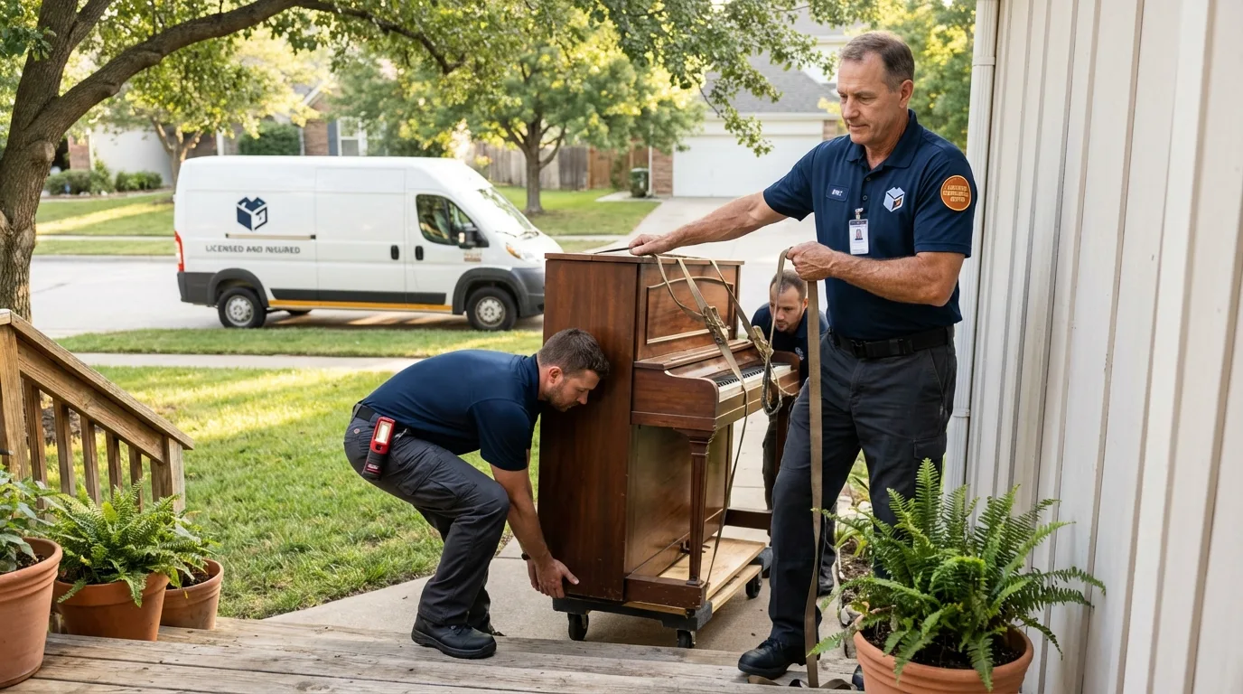 Licensed piano movers securing grand piano in Rogersville, TN