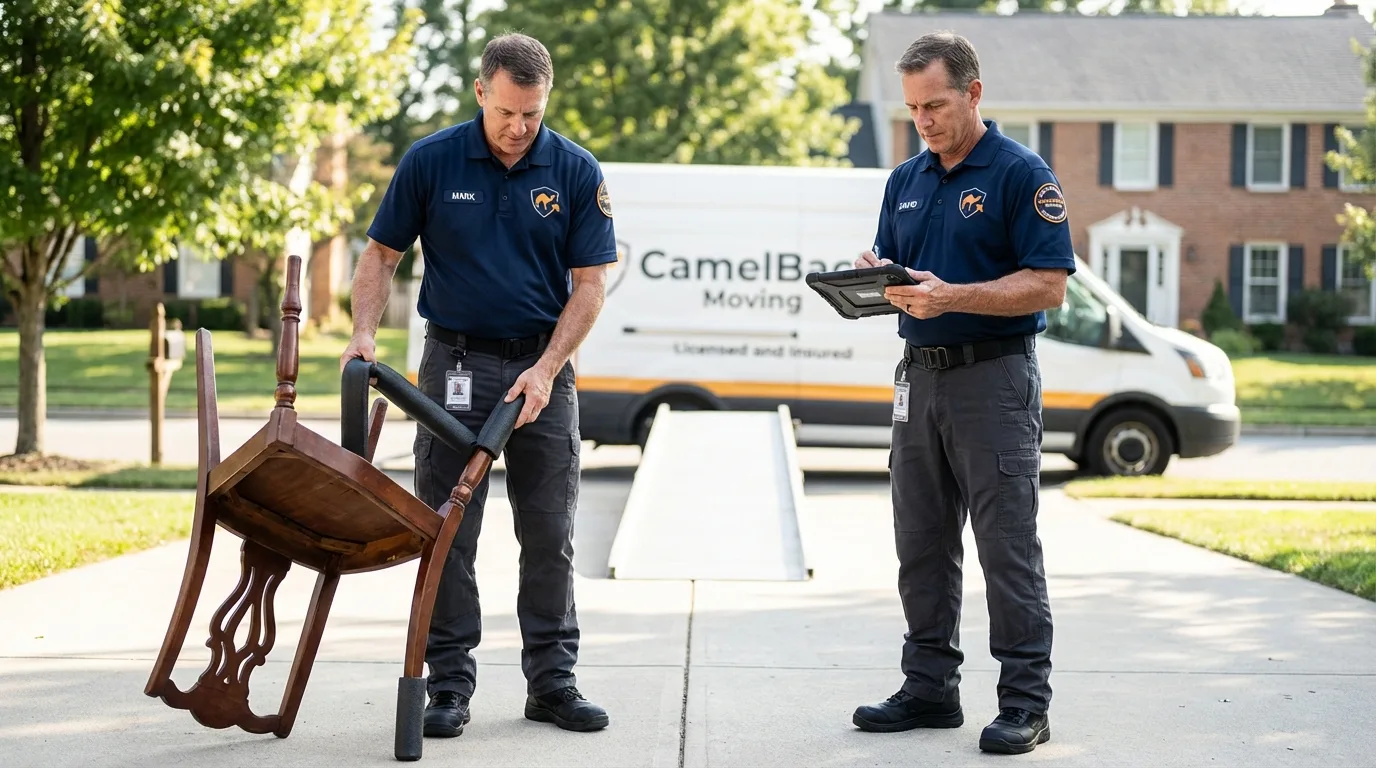 Movers inspecting furniture for damage prevention before loading in Rogersville, TN