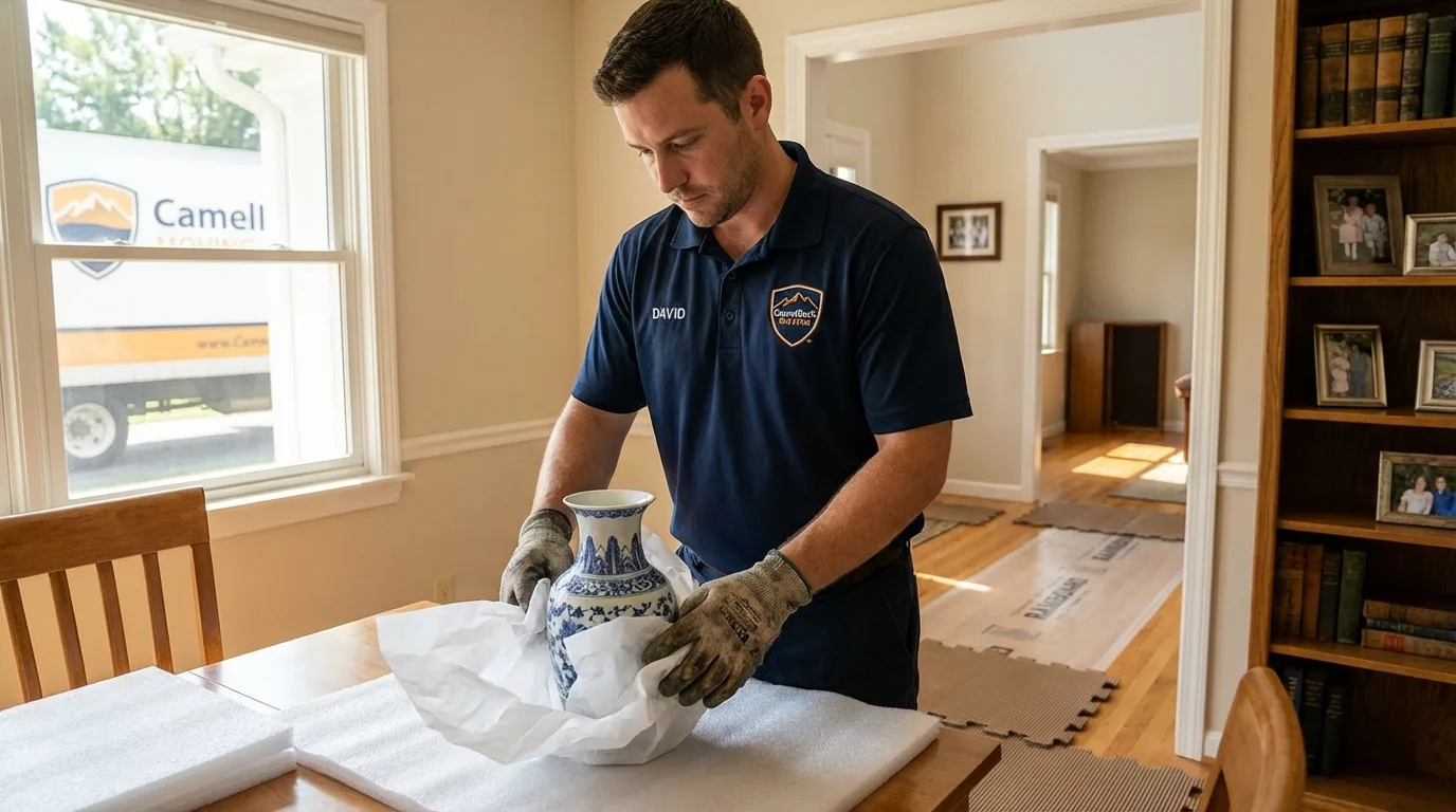 Professional crew carefully wrapping antique vase for senior downsizing move in Rogersville, TN